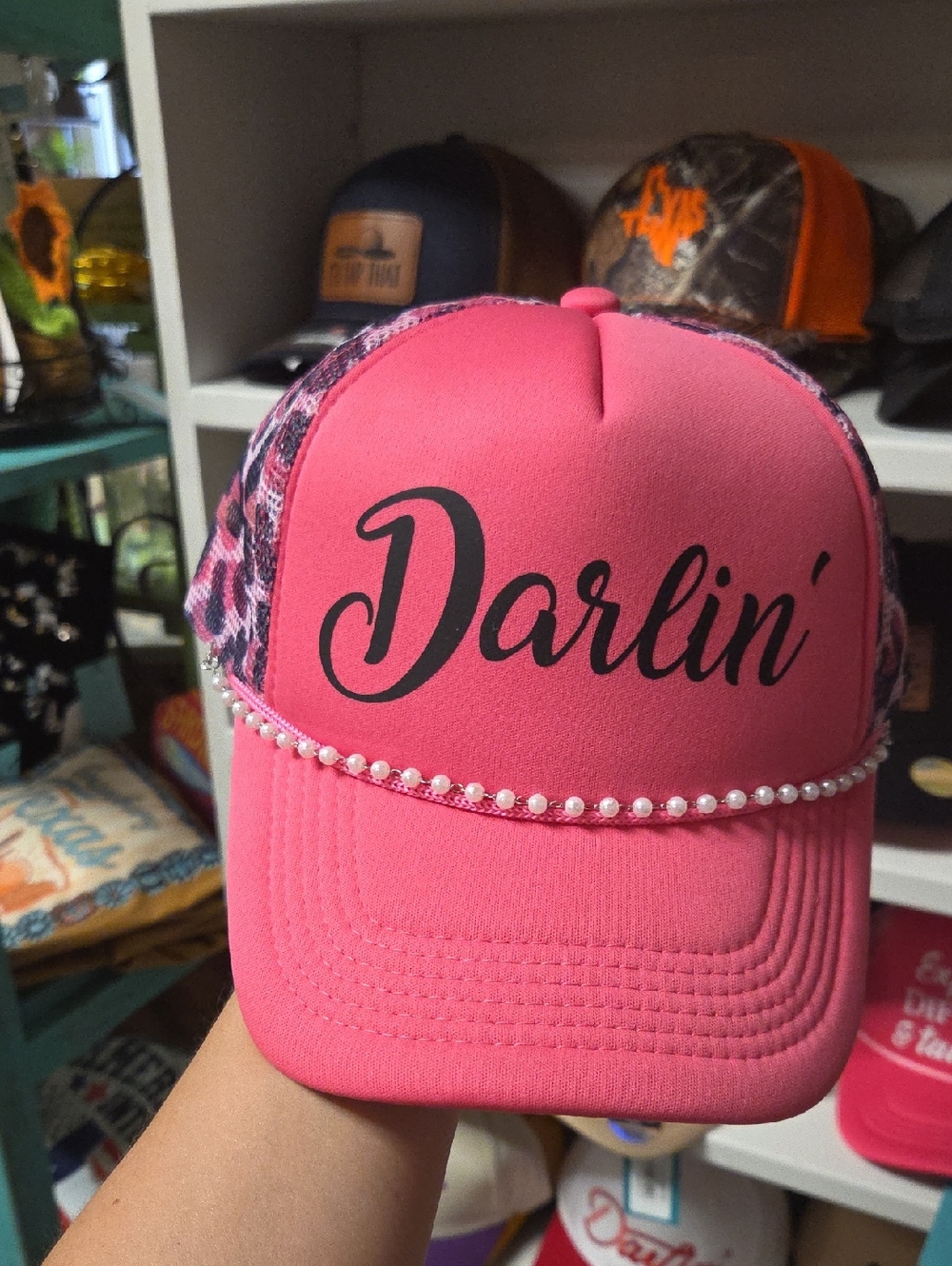 Darlin' Pink Pearl-Trim Trucker Hat